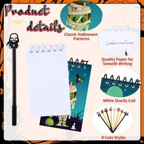 Vista 2 de Jetec Juego de 48 cuadernos de Halloween, mini bloc de notas en espiral, divertidos bolígrafos de gel de dibujos animados, fantasma, calabaza