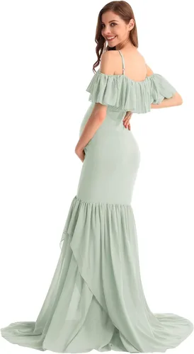 Vista 6 de MYRISAM Vestido de maternidad con volantes y hombros descubiertos para mujer, vestido de fiesta de sirena de gasa, vestido ajustado