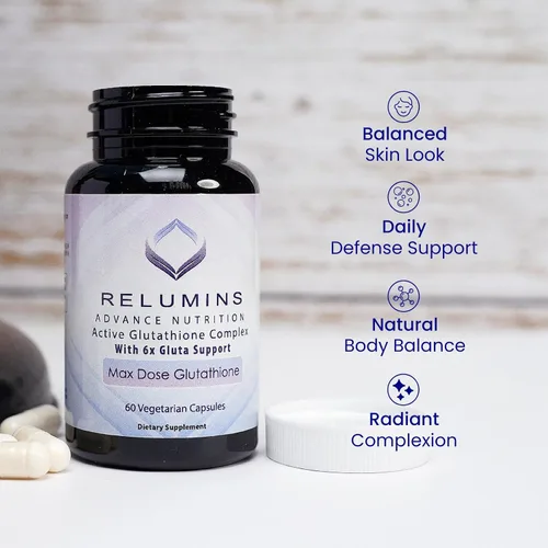 Vista 6 de Relumins Advance White, Complejo activo Glutatión, Cápsulas con fórmula blanqueadora oral con 6 refuerzos, Blanquea, repara y restaura la piel