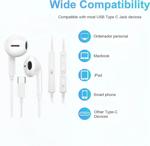 Vista 7 de Paquete de 5 auriculares USB C actualizados para iPhone 17/16/15 Pro Max, iPad Plus TypeC con micrófono, control de volumen, auriculares USBC