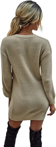Vista 2 de Olinase Vestido tipo suéter con cuello en V para mujer, manga larga, acanalado, vestido ajustado