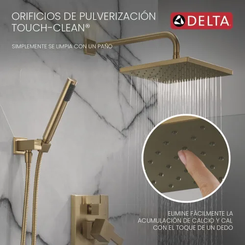 Vista 6 de Sistema de Ducha de Lluvia Cuadrado Delta Modern Serie 14, Conjunto de Grifo, Cabezal de Ducha de Lluvia Oro Cepillado y Conjunto de Mango, Kit