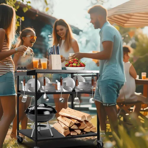 Vista 8 de Mesa de horno de pizza al aire libre, mesa de parrilla al aire libre con cubierta impermeable, mesas de carrito de comedor movibles con ruedas