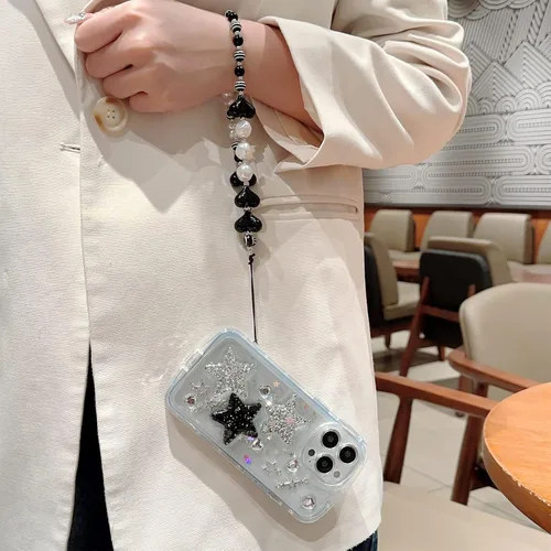 Vista 4 de Compatible con iPhone 11 Pro Funda Transparente Bonita con Diseño de Estrella con Purpurina en 3D con Perlas y Pulsera de Perlas, Diseño de Cadena