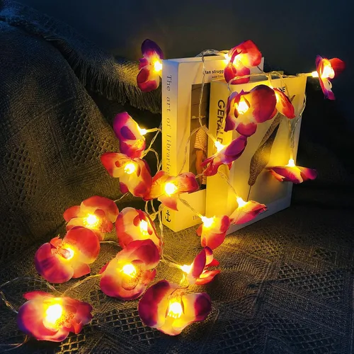Vista 9 de Guirnalda de luces artificiales de orquídea artificial de 9.8 pies, funciona con USB, luces de hadas de orquídea de mariposa para boda, hogar