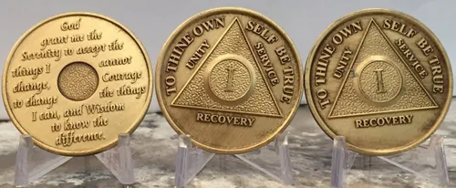 Vista 3 de Juego de 3 medallones AA de bronce de 1 año de sobriedad de aniversario de oración de serenidad