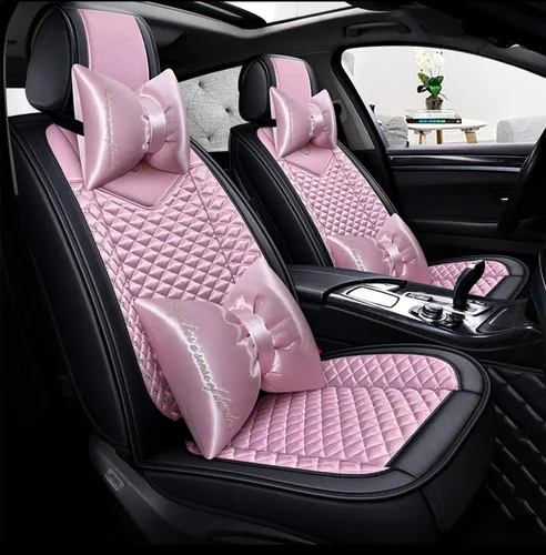 Vista 14 de Bling - Fundas de asiento de automóvil de seda y cuero retro con celosía, ajuste universal (negro básico)