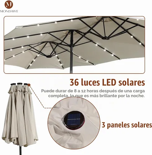 Vista 4 de MONDAWE Paraguas de patio de 15 pies con luces solares (base incluida) sombrilla grande de doble cara de aluminio rectangular de aluminio para mesa