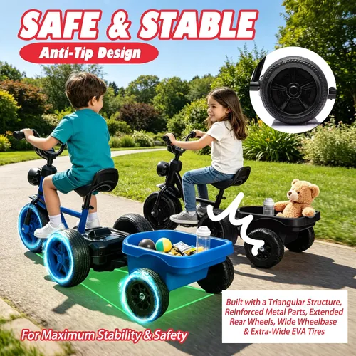 Vista 3 de Triciclo eléctrico de 12 V para niños, bicicleta para niños pequeños con estructura triangular estable, asiento ajustable, ruedas anchas de EVA Negro