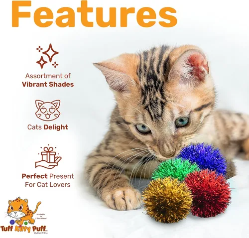 Vista 2 de Tuff Kitty Puff Juguete para gatos con mini bola brillante de 1 pulgada, paquete de 6 unidades, multicolor