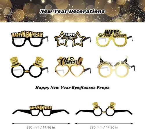 Vista 6 de Decoraciones de Año Nuevo 2025, suministros de fiesta de feliz año nuevo negro dorado con banderines, espirales colgantes, accesorios de cabina