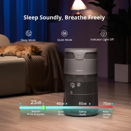 Vista 5 de WISESKY Purificador de aire para gatos con cable resistente a mordeduras y rejilla ancha y protección contra vuelcos Purificador de aire