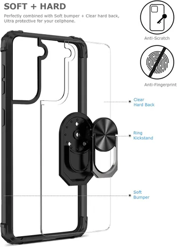 Vista 2 de Funda transparente con función atril para Samsung Galaxy S21 FE 5G, protección contra caídas para Galaxy S21 Fe, parachoques flexible + parte Negro