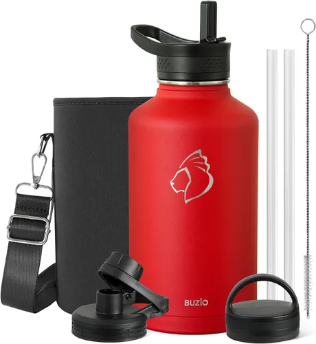 Vista 28 de BUZIO Botella de agua de 32 onzas aislada con popote y 3 tapas y bolsa de transporte, a prueba de fugas, frasco jarra de agua de acero inoxidable