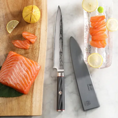Vista 4 de Cangshan YARI Series 501288 Cuchillo Sashimi de 8 pulgadas con funda, acero de Damasco X-7