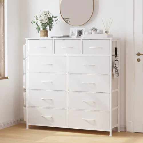 Vista 27 de Cómoda de almacenamiento de tela con 11 cajones para organización del dormitorio, cómoda con estantes profundos, bolsillos laterales y ganchos, Negro