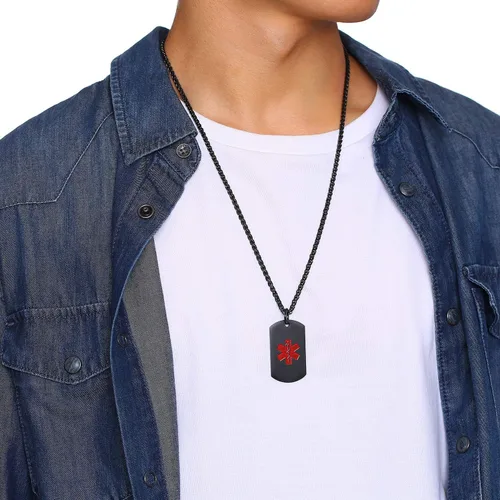 Vista 82 de VNOX Collar con colgante personalizado de acero inoxidable con grabado personalizado para identificación de alerta médica de emergencia para hombres