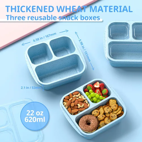 Vista 2 de Cajas de aperitivos (paquete de 3) – Cajas Bento apilables con 3 compartimentos, recipientes de preparación de comidas reutilizables, recipientes