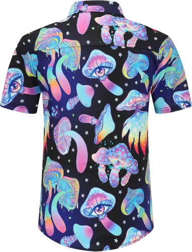 Vista 4 de ropa de festival para hombre, trajes de festival para hombres, trajes rave para hombres, camisa hawaiana de hongos para hombres, 01