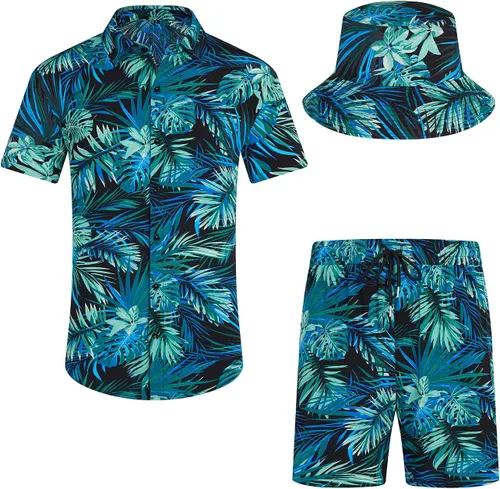 Vista 9 de EISHOPEER Conjunto hawaiano de flores para hombre, camisa de manga corta y pantalones cortos, trajes con sombreros de pescador