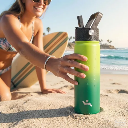 Vista 6 de Konokyo - Botella de agua aislada de 18 onzas, botellas deportivas de acero inoxidable con 3 tapas, verde militar