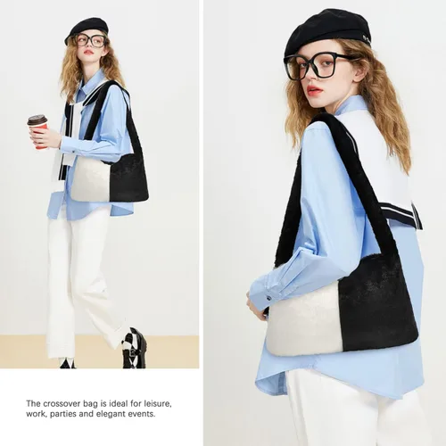 Vista 5 de Bolso de mano mullido Y2K Bolso de hombro esponjoso para mujer, bolso de felpa grande, lindo bolso de piel sintética para mujer para otoño e invierno