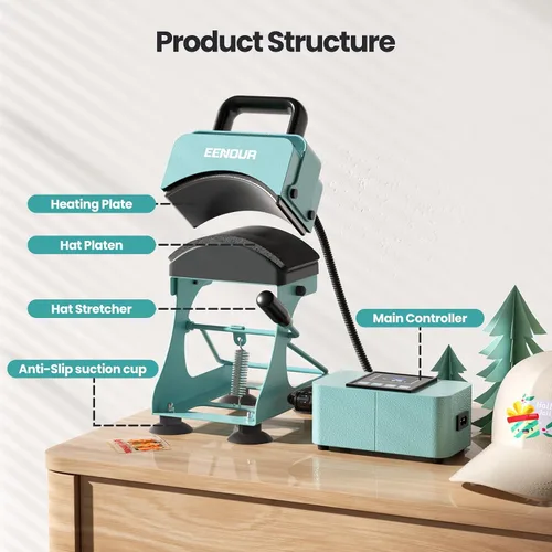 Vista 8 de Prensa de sombrero EENOUR, máquina de prensa de calor para sombreros con 2 planchas y estirador de casquillos, máquina de calor para sombreros