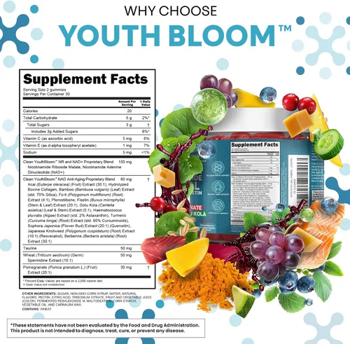 Vista 5 de Gomas de Suplemento Youth Bloom NAD+ con Resveratrol, Fisetin, Germen de Trigo, Berberina, Taurina, Cúrcuma, Colágeno, Astaxantina, Nicotinamida