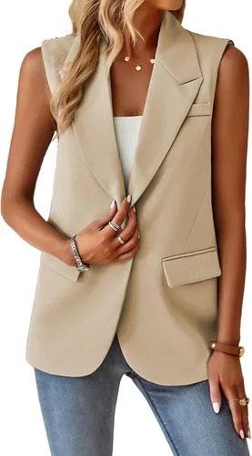 Vista 3 de Mina self Chaqueta sin mangas para mujer, casual, ligera, color sólido, chaleco abierto al frente, cárdigan con solapa y bolsillos