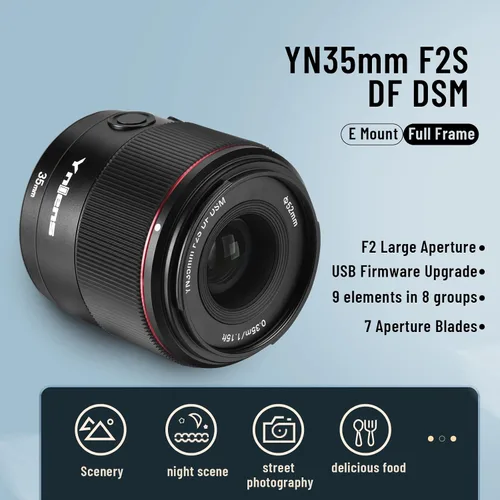 Vista 2 de YONGNUO YN35mm F2S DF DSM Auto Focus Gran Angular Lente Prime para Sony, F2 Gran Apertura Full Frame APS-C para Sony E Mount Cámara Negro
