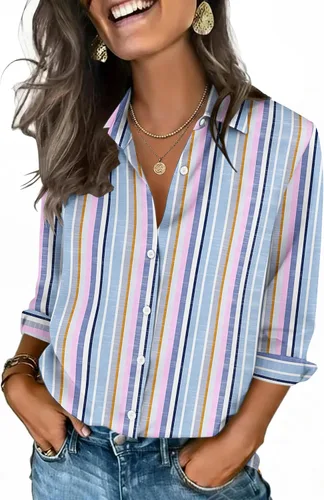 Vista 18 de Zeagoo Camisas con botones para mujer, manga 3/4, cuello en V, blusas con cuello en V, trajes casuales de negocios