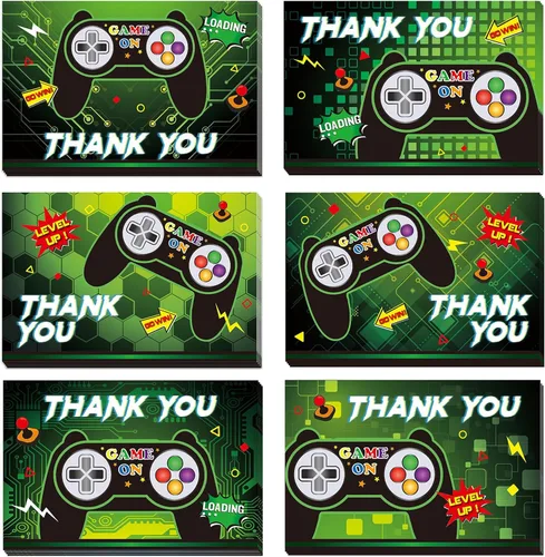Vista 10 de WERNNSAI Tarjetas de agradecimiento de videojuegos – 24 piezas de decoración de cumpleaños de videojuegos, tarjetas de agradecimiento con sobres