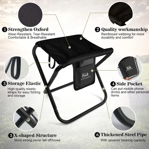 Vista 4 de Taburete plegable portátil mejorado, taburete de campamento de 13 pulgadas para adultos, pesca, senderismo, jardinería y playa, con bolsa de Negro