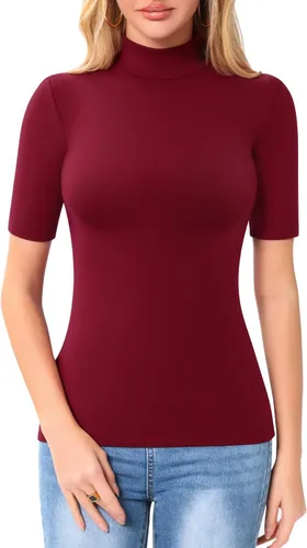 Vista 4 de MANGOPOP Camiseta ajustada de manga larga con cuello alto falso para mujer, manga 34