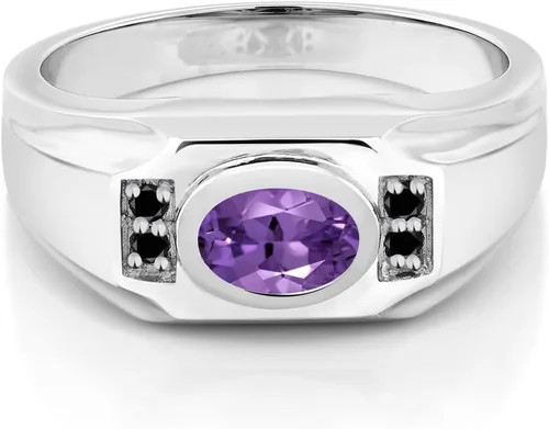 Vista 2 de Gem Stone King Anillo de plata de ley 925 para hombre con amatista morada y diamantes negros