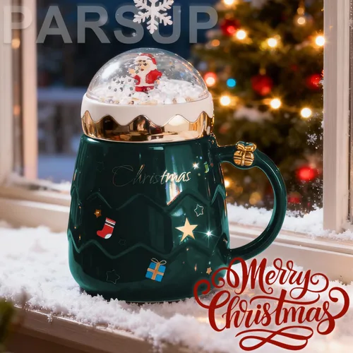 Vista 4 de Taza navideña PARSUP, lindas tazas de té de cerámica con tapa de Santa, taza novedosa para leche, café, chocolate caliente, regalo para mujeres
