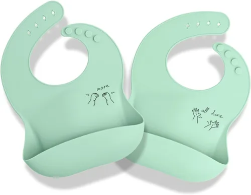 Vista 8 de APLAINR Babero de lenguaje de señas para bebé, baberos de silicona para bebés, gráficos ASL, atrapador de alimentos, ajustable, impermeable, suave