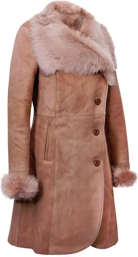 Vista 2 de Infnity Leather Abrigo de piel de oveja de merino de ante beige cálido con cuello Toscana