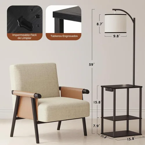 Vista 3 de Lámpara de pie SUNMORY con mesa, mesa auxiliar para sala de estar con lámpara, mesa lateral con estantes y estación de carga (puerto USB y AC)