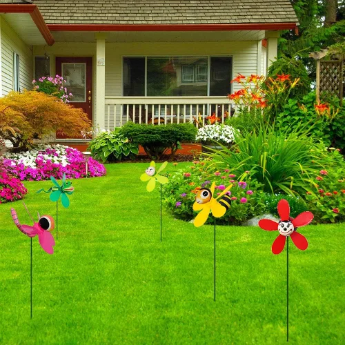 Vista 5 de Paquete de 5 molinillos de viento de insectos 3D para patio y jardín, molinetes coloridos con resorte, abeja, libélula, rana, mariquita Whirligigs