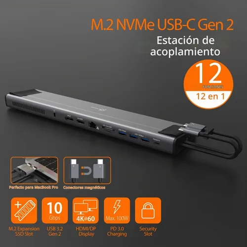 Vista 2 de j5create USB C Dual 4K 60Hz Display Docking Station (12-en-1), M.2 incorporado