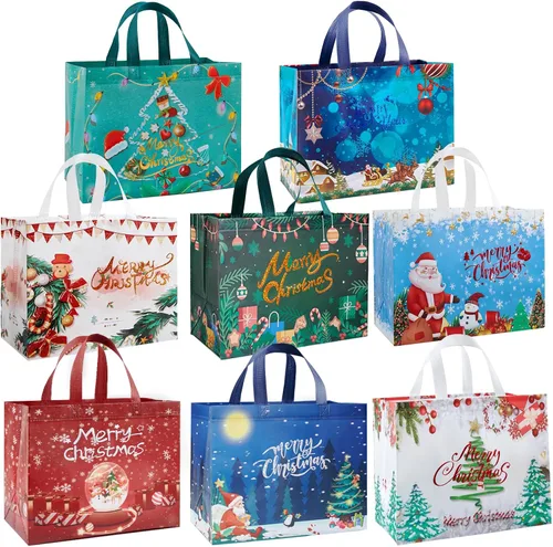 Vista 9 de YANGTE Paquete de 16 bolsas de Navidad con asas, bolsas de regalo no tejidas, 12.8" 9.8" 6.7