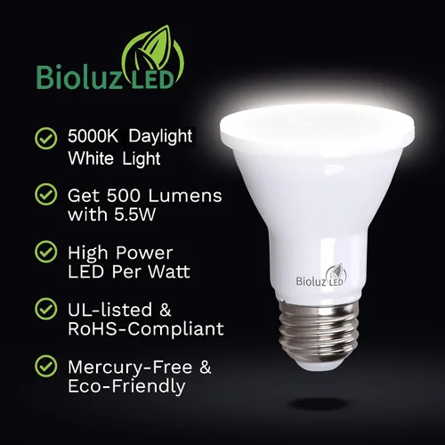 Vista 3 de Bioluz LED PAR20 Bombillas LED de luz diurna de 5000K, 90 CRI, bombilla LED regulable, 5.5W = reemplazo de 75W, base estándar E26, ángulo de haz