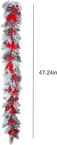 Vista 7 de Guirnalda de Navidad artificial de 3.93 pies, corona de Navidad con cinta roja, ramo de bayas, bolas de Navidad y piñas, guirnalda de Navidad