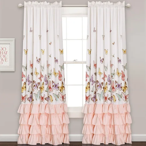 Vista 2 de Lush Decor - Cortinas de mariposas Flutter Juego de paneles con diseño de volantes para ventana de la sala, comedor, dormitorio (par), 84 x 52 Rosa