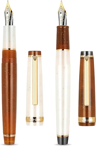 Vista 5 de Jinhao 82 Pluma estilográfica acrílica con convertidor, blanco transparente y azul malaquita con borde dorado, juego de 2 bolígrafos de escritura