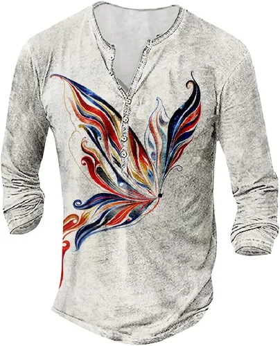 Vista 29 de MARSVOVO Camisetas Henley para hombre, camisetas gráficas artísticas, cuello en V, sin cuello, manga larga, casual, ajustadas, camisas