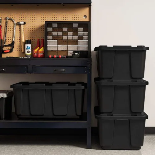 Vista 2 de IRIS USA, Inc. - Contenedor organizador grande de plástico de 27 galones con tapa duradera y hebillas de cierre seguras, color negro / negro