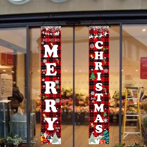 Vista 6 de Decoraciones de Navidad, juego de letreros a cuadros de búfalo rojo y negro para festival, cartel de puerta de Feliz Navidad, patio al aire libre