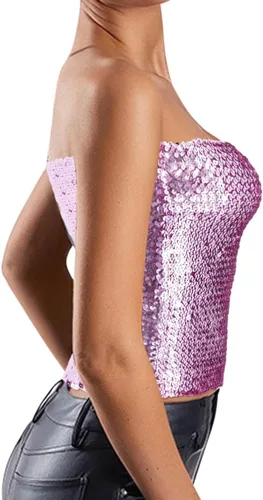 Vista 2 de Naimo Top de tubo de lentejuelas brillantes para mujer, sexy, elástico, para fiesta, disfraz de club, camisolas